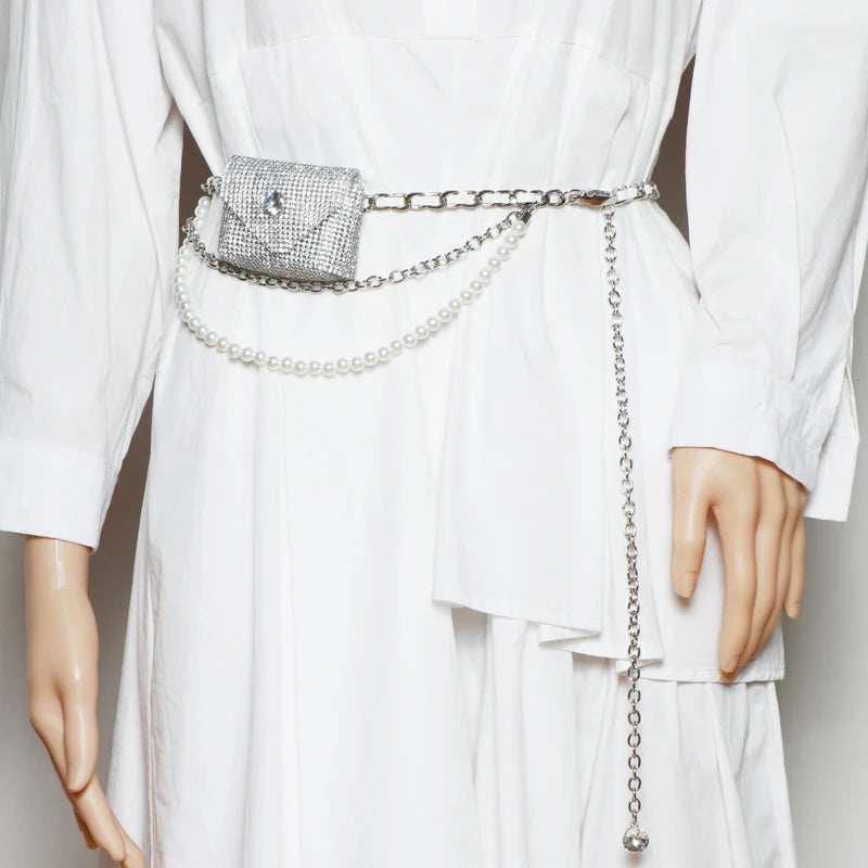 Mini Rhinestone PVC Waist Pack Women Fanny Pack Metal Chain Belt