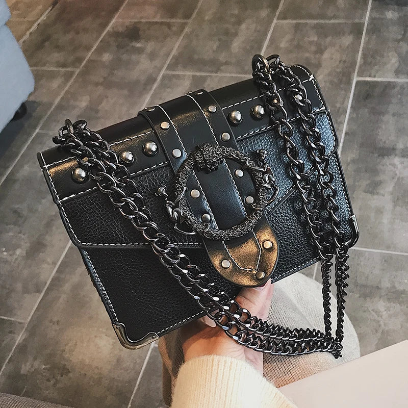 European Style Square PU Leather Handbag with Chain Shoulder Strap
