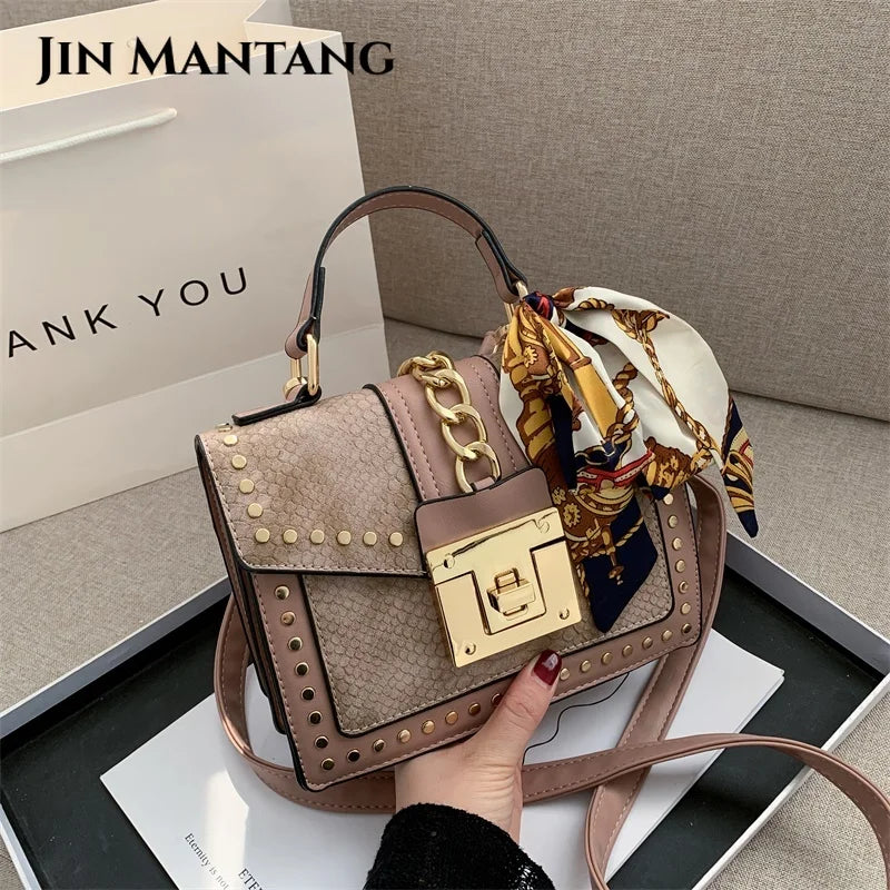 European Female Square Bag Rivet Lock Chain Shoulder Messenger Bags