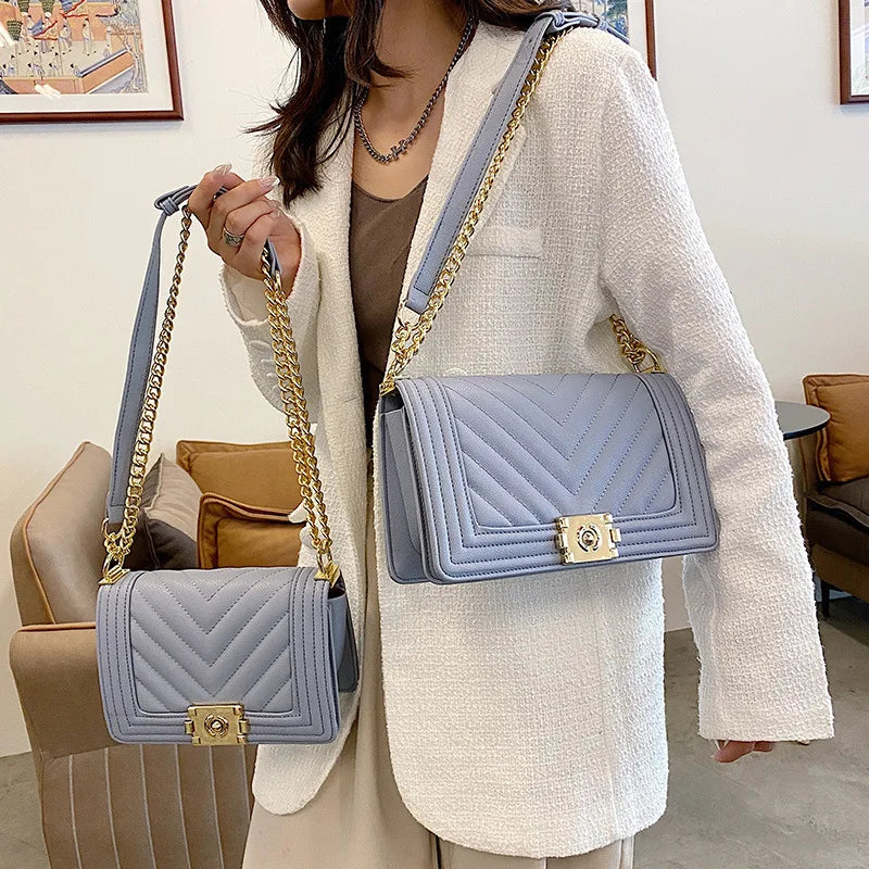 European Style Women's Shoulder Bag Stripes Lock Chain Large Capacity