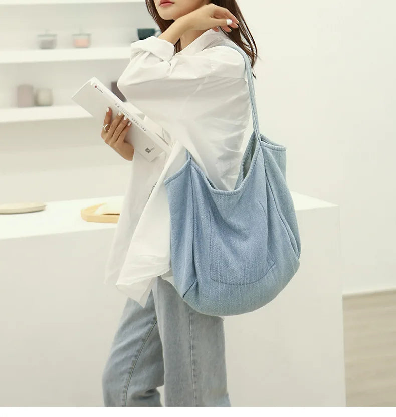 European Vintage Denim Tote Large Capacity Handbag