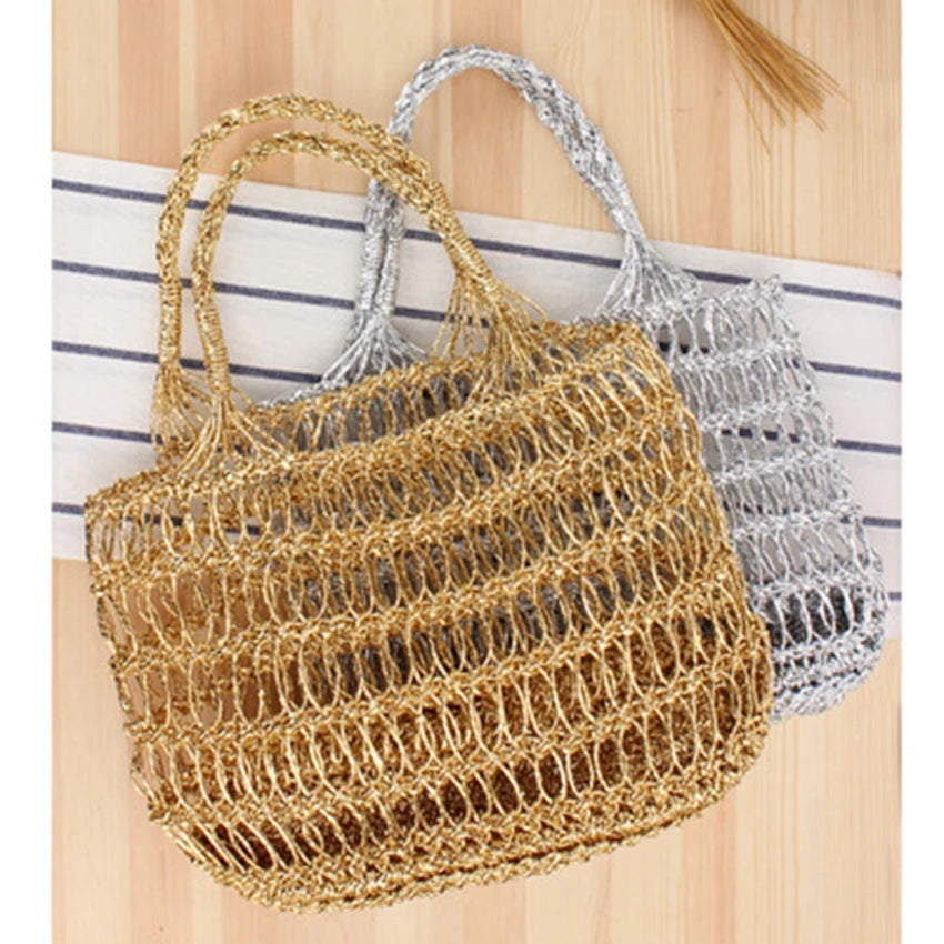Silver Thread Hollow Crocheted Bag Beach Straw Bag
