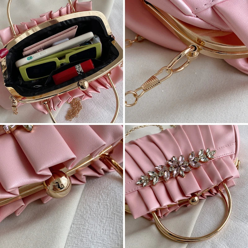 Vintage Pleated Shoulder Bag Diamond Clutch