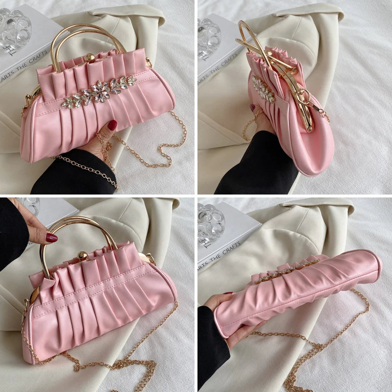 Vintage Pleated Shoulder Bag Diamond Clutch