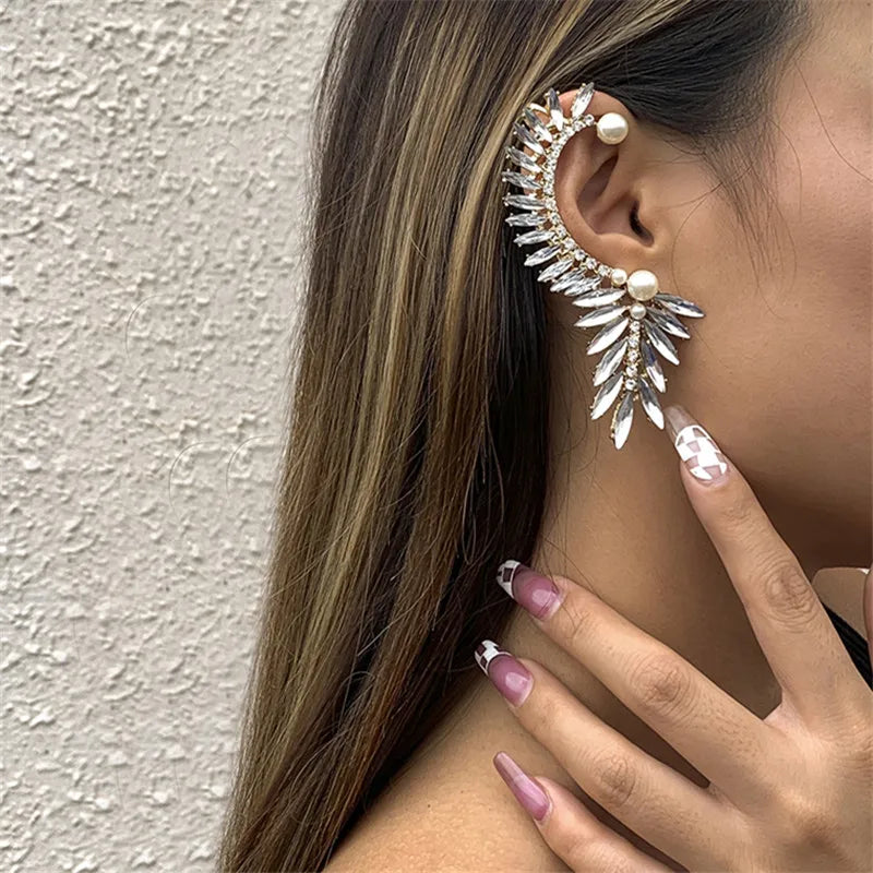Crystal Pearl Set Auger Ears Hang Leaves Clip Earrings