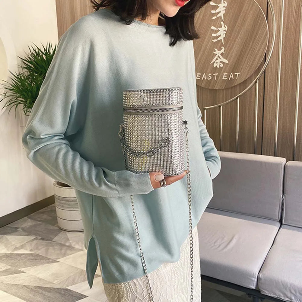 Rhinestone Shoulder Bag Cylinder Bucket PU Leather Handbag