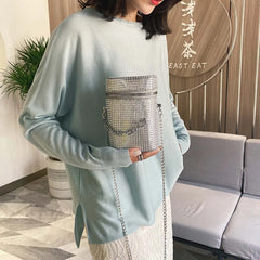 Rhinestone Shoulder Bag Cylinder Bucket PU Leather Handbag