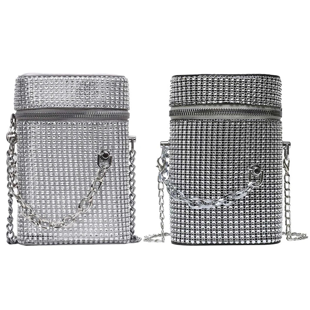 Rhinestone Shoulder Bag Cylinder Bucket PU Leather Handbag
