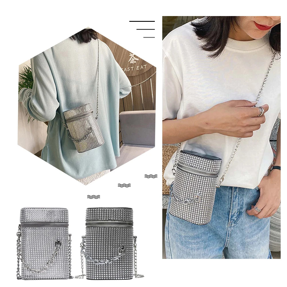 Rhinestone Shoulder Bag Cylinder Bucket PU Leather Handbag