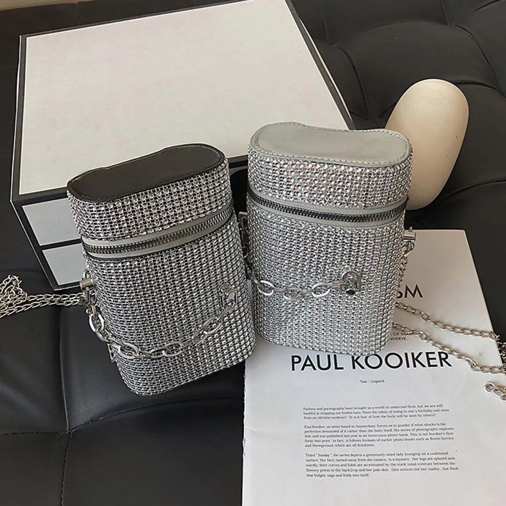 Rhinestone Shoulder Bag Cylinder Bucket PU Leather Handbag