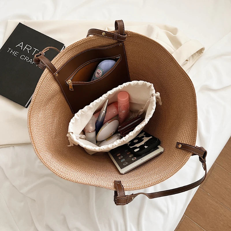 XL Tote Straw Bag Women Hand-Woven Beach Shoulder Bag