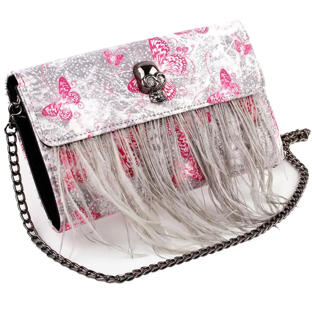 Punk Skull Feather Evening Clutch Handbag Bag