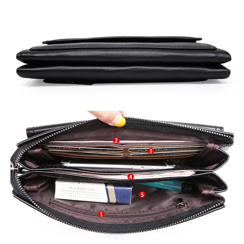 Men's Zippered Leather Wallet Long Phone Clutch Bag