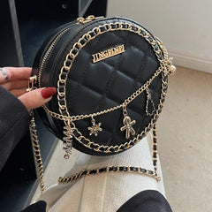 Women Round Purses Diamond Lattice Leather Shoulder Bags Mobile Phone Chain