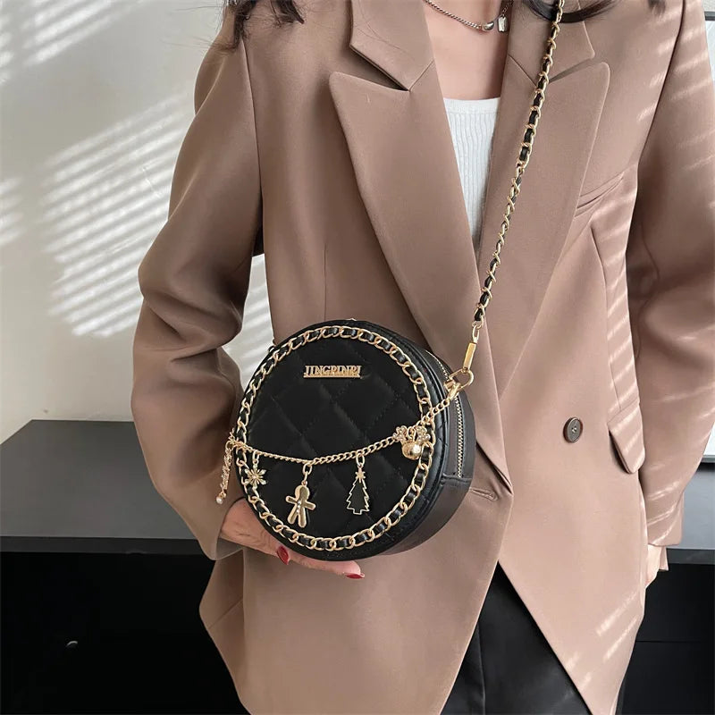 Women Round Purses Diamond Lattice Leather Shoulder Bags Mobile Phone Chain