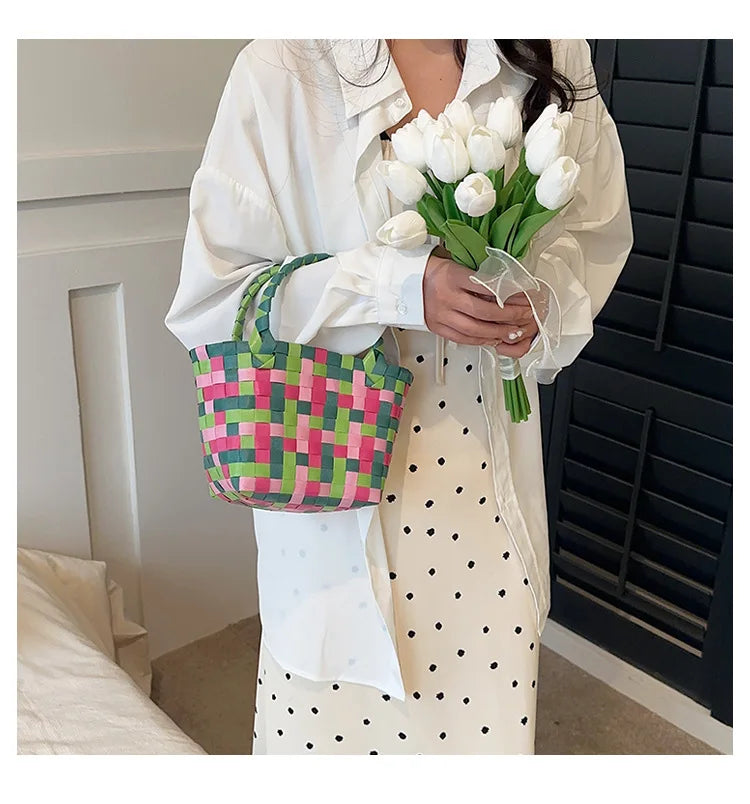 Knitted Small Ladies Beach Basket Bag PVC Handbag