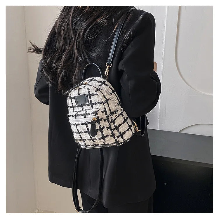 Plaid Woolen Tweed Backpack for Teenage Students