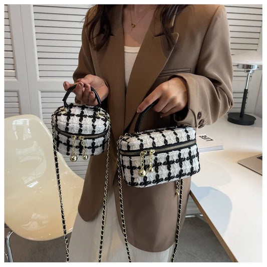 Woolen Tweed Handbags Small Chain Purse for Women with Zipper