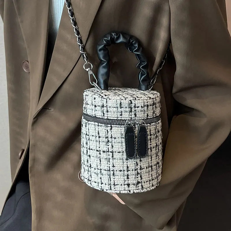 Ruched Leather Handle Bag Tweed Bucket Crossbody Wool Chunky Handbags