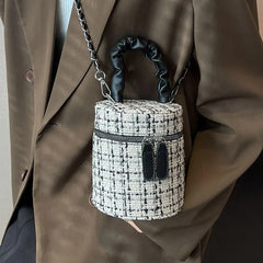 Ruched Leather Handle Bag Tweed Bucket Crossbody Wool Chunky Handbags