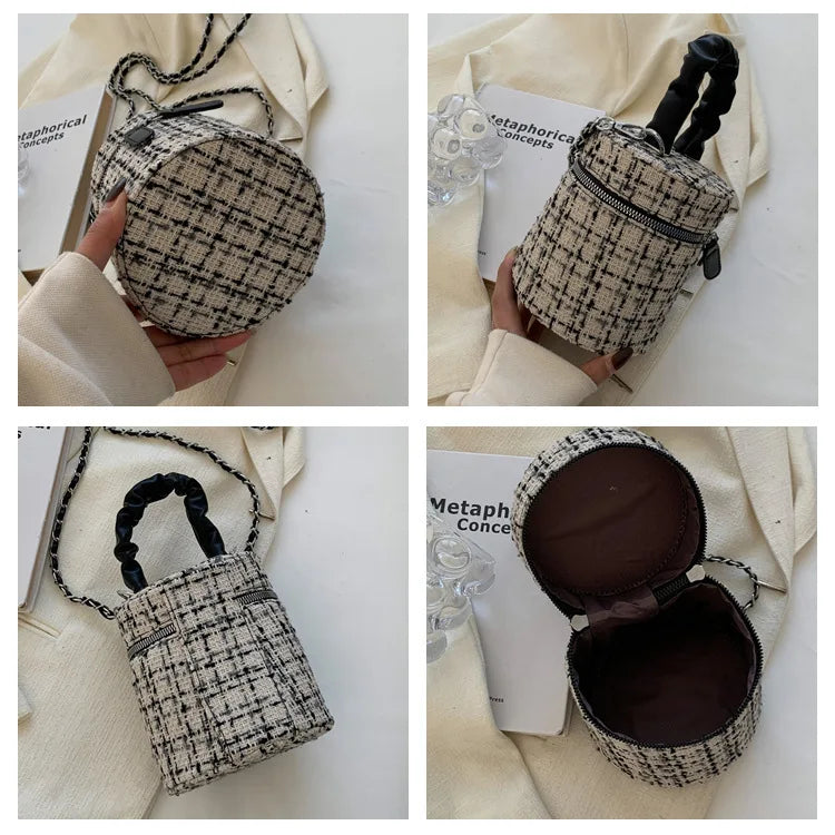 Ruched Leather Handle Bag Tweed Bucket Crossbody Wool Chunky Handbags