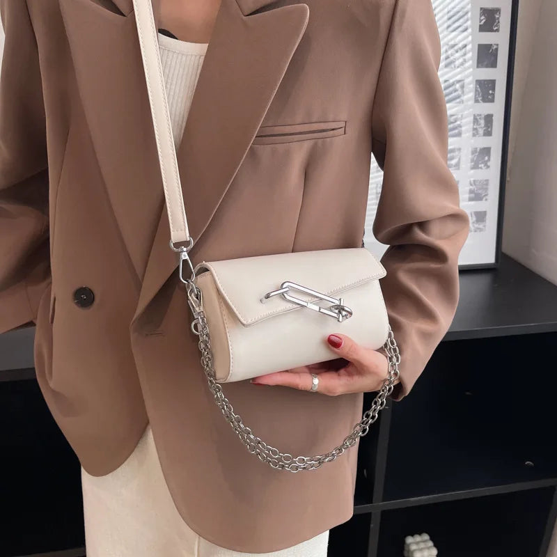 Square Women Crossbody Bags with Metal Lock, Silver