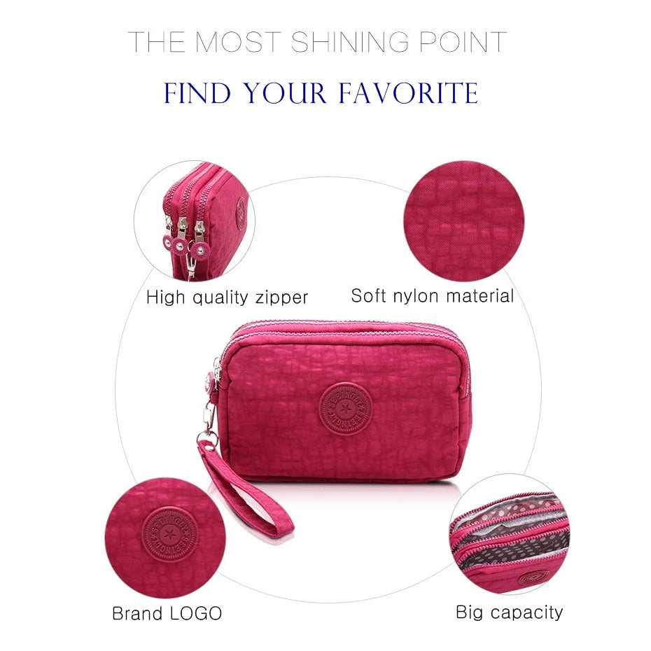 FGGS Women Small Wallet Phone Purse Three Zippers Portable Make Up bag
