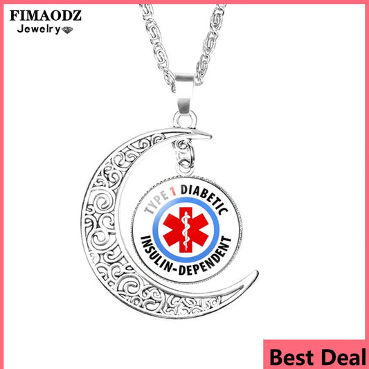 Type 1 Diabetes Necklace Diabetic Medical Alert Glass Crystal Gem