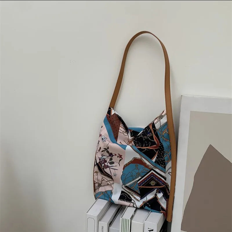 Retro Silk Scarf Leather Shoulder Bag