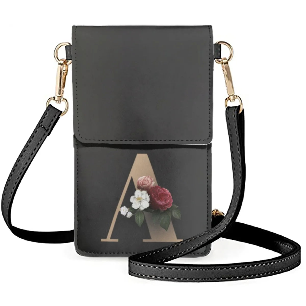 Golden Floral Art Alphabet Makeup Bags Ladies Leather
