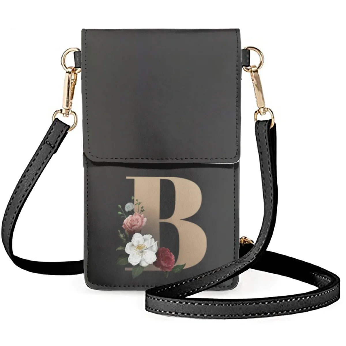 Golden Floral Art Alphabet Makeup Bags Ladies Leather