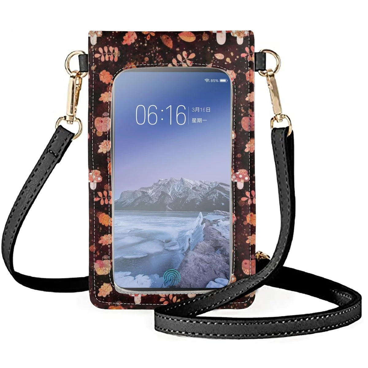 Brown Leaves Mushroom Shoulder Bag Women's Leather Phone Bag