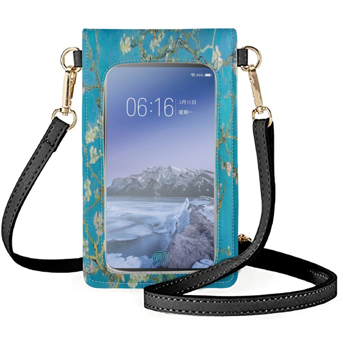 Cherry Blossom Oil Painting Cellphone Bag Woman PU Leather Handbag