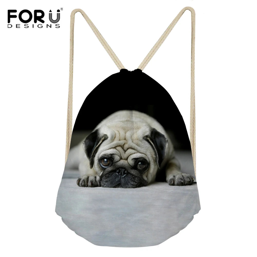 Lazy Pug Dog Pattern Drawstring Bag Shoulder Backpack Travel Storage Bag