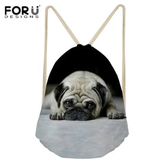 Lazy Pug Dog Pattern Drawstring Bag Shoulder Backpack Travel Storage Bag