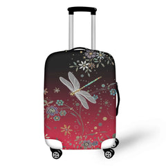Red Gradient Dragonfly Floral Wheeled Luggage Case - 18-32 Inch Cover