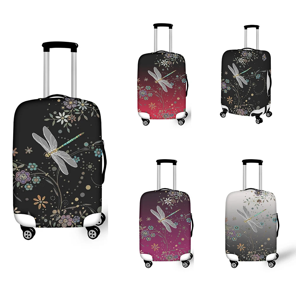 Red Gradient Dragonfly Floral Wheeled Luggage Case - 18-32 Inch Cover