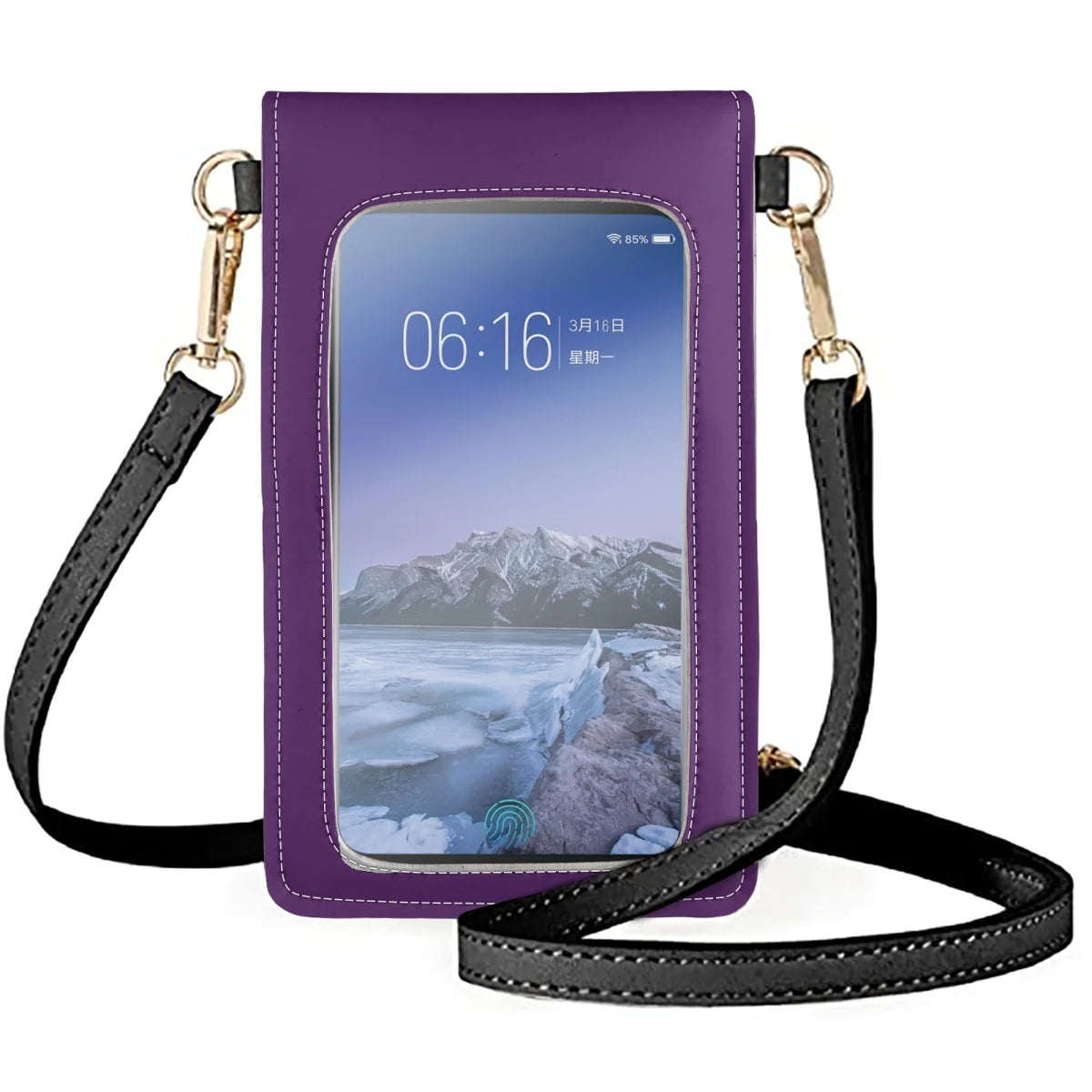 Purple Solid Background Phone Bag with Flower Arrangement Shoulder Strap