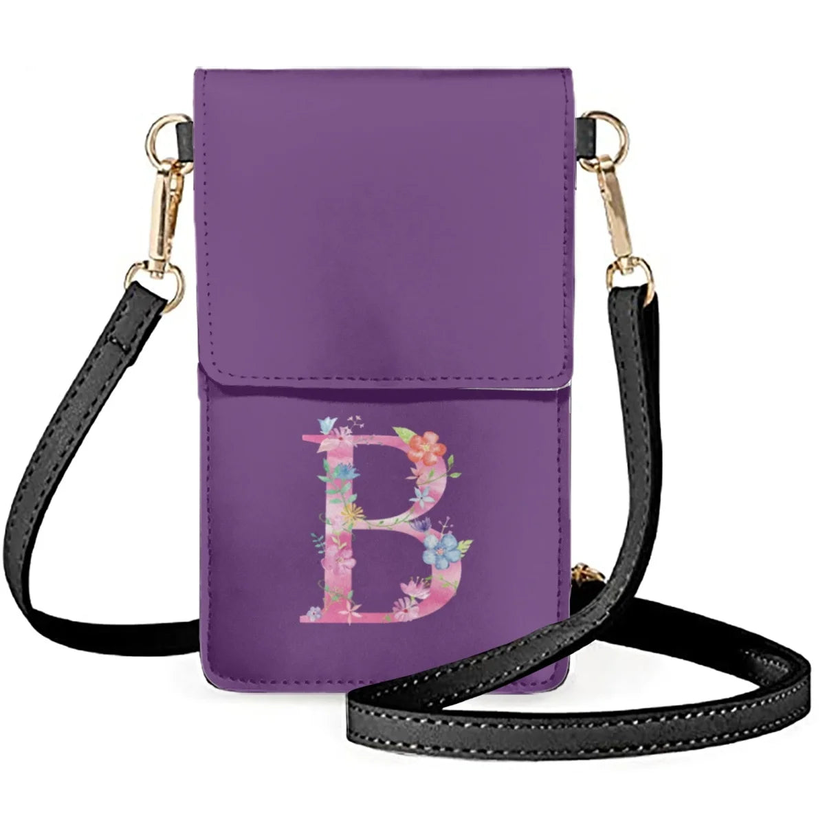 Purple Solid Background Phone Bag with Flower Arrangement Shoulder Strap