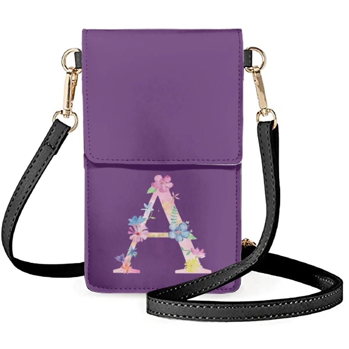 Purple Solid Background Phone Bag with Flower Arrangement Shoulder Strap