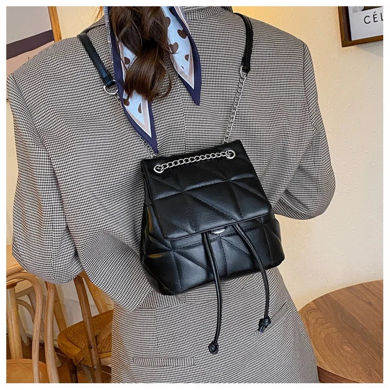 Female Backpack PU Leather Women Backpack Travel School Bag Chain Thread