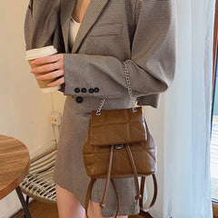 Female Backpack PU Leather Women Backpack Travel School Bag Chain Thread