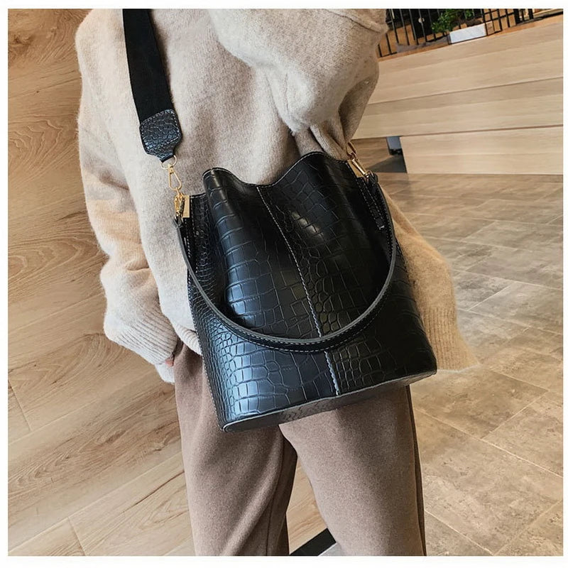 Vintage Crocodile Pattern Bucket Bag PU Leather Women Shoulder Bag