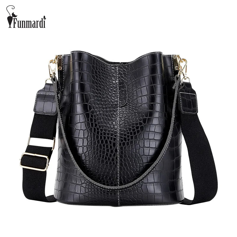 Vintage Crocodile Pattern Bucket Bag PU Leather Women Shoulder Bag