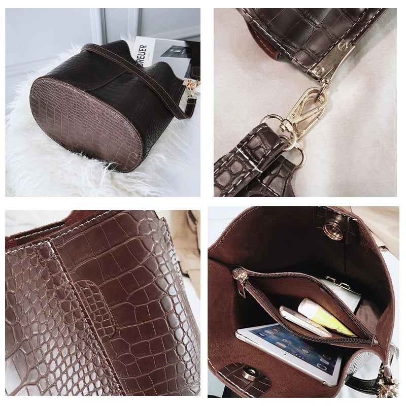 Vintage Crocodile Pattern Bucket Bag PU Leather Women Shoulder Bag