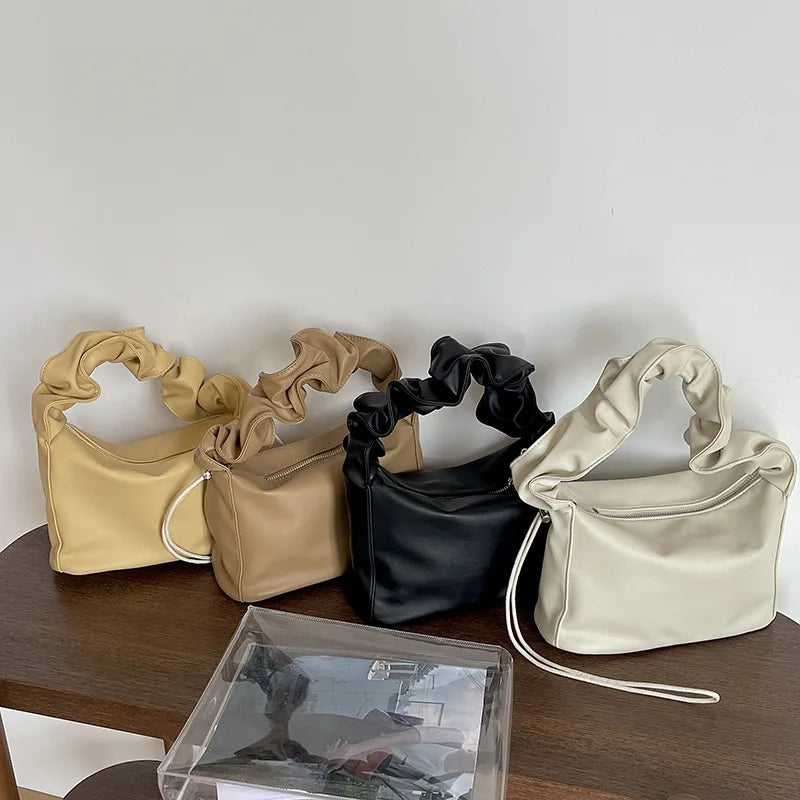 Soft Leather Shoulder Bag Pleated Underarm Zipper Handbag