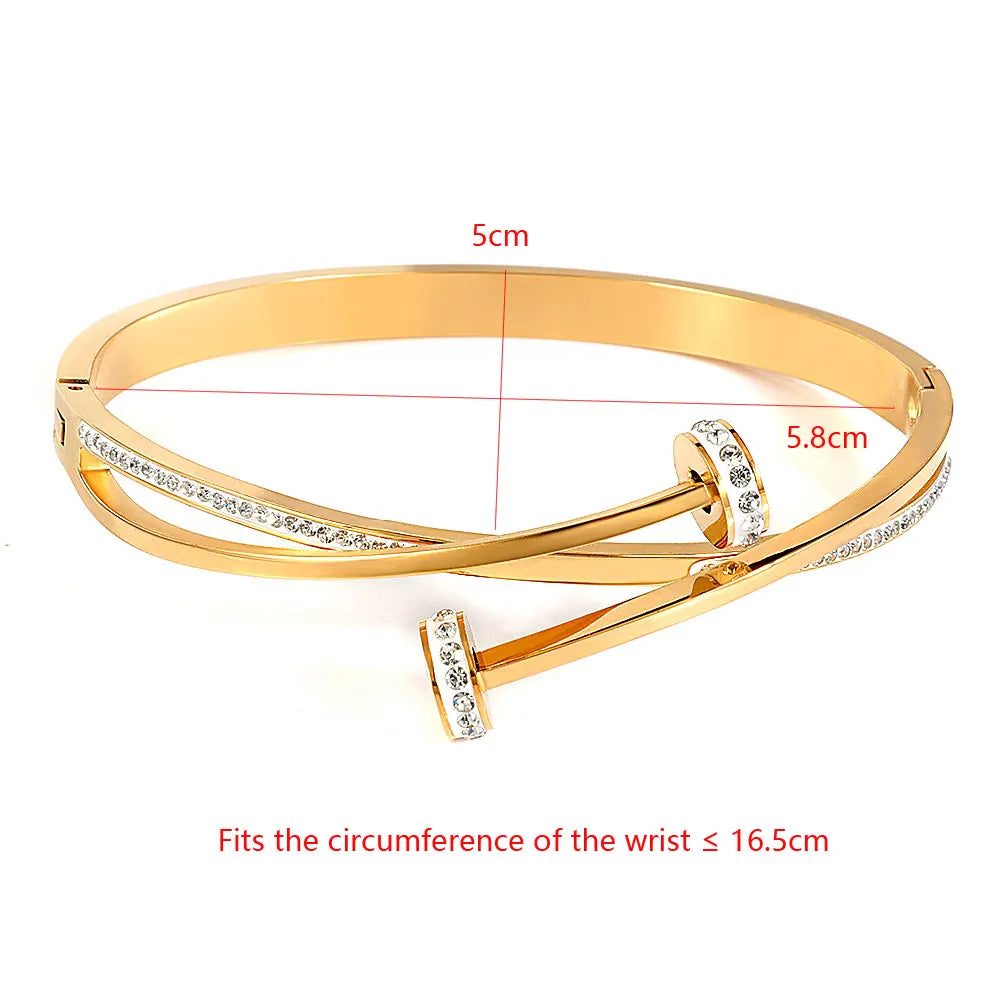 Double Crystal Nail Head Cross Stainless Steel Bracelet for Woman