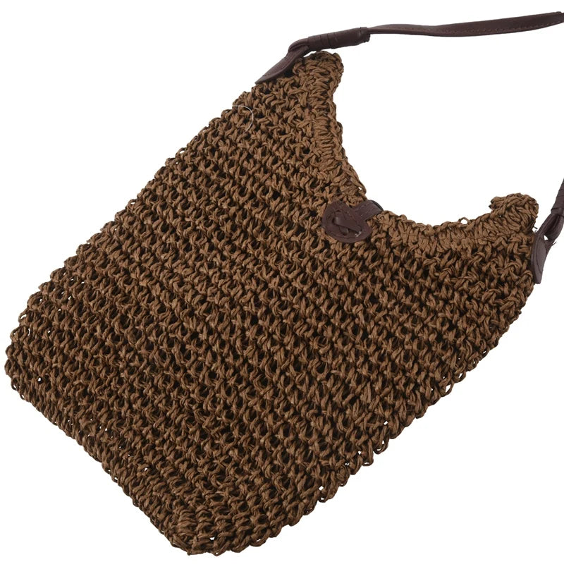 Summer Straw Shoulder Bag Canvas Jute Beach Travel Brown