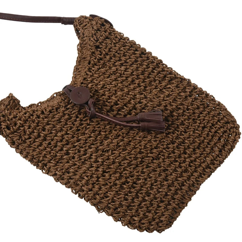 Summer Straw Shoulder Bag Canvas Jute Beach Travel Brown