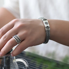 Real S925 Silver Heavy Bracelet Men's Retro Personality Vintage Jewelry
